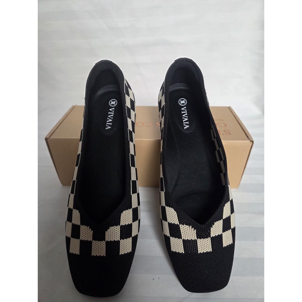 Vivaia Margot 2.0 Checkerboard Square Toe Knit Flats Black Cream US 7 EU 37.5 W - Picture 10 of 16